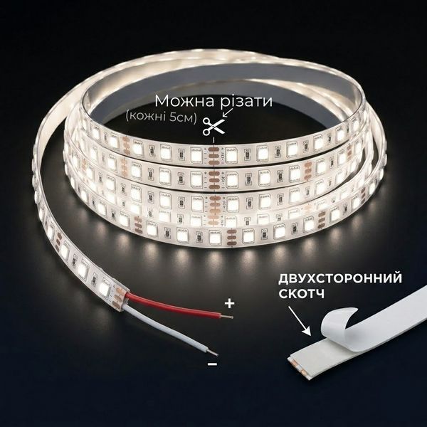 LED стрічка 2835-60 12В 6,5Вт 8мм 4500K, Світлодіодна стрічка BIOM Professional нейтральний білий колір, негерметична IP20, 1 м 12295 фото