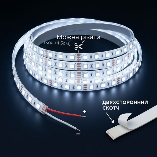LED лента 5050-60 12В 14,4Вт 10мм 6000K, Светодиодная лента B-LED Standart с холодным белым светом, негерметичная, 1м 513 фото