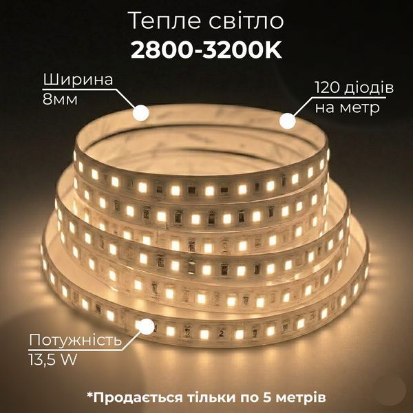 LED стрічка 2835-120 12В 13,5Вт 8мм 3000K, Світлодіодна стрічка BIOM Professional з теплим білим світлом, негерметична, 1м 12298 фото